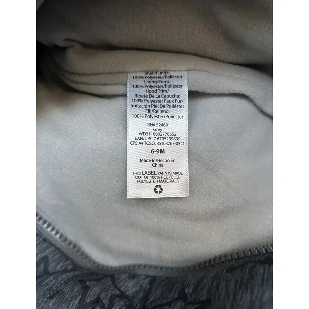 Wonder Nation Lined Baby Puffer Snowsuit One Piece Gray With Stars Size 6-9M NWT